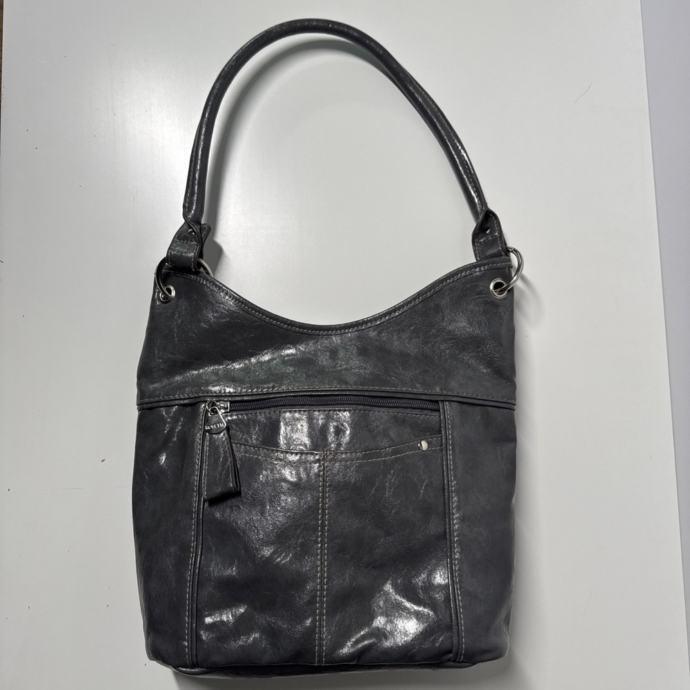 Rosetti Shoulder Bag Gray Faux Leather Large Hobo Purse with Front Zip Pocket